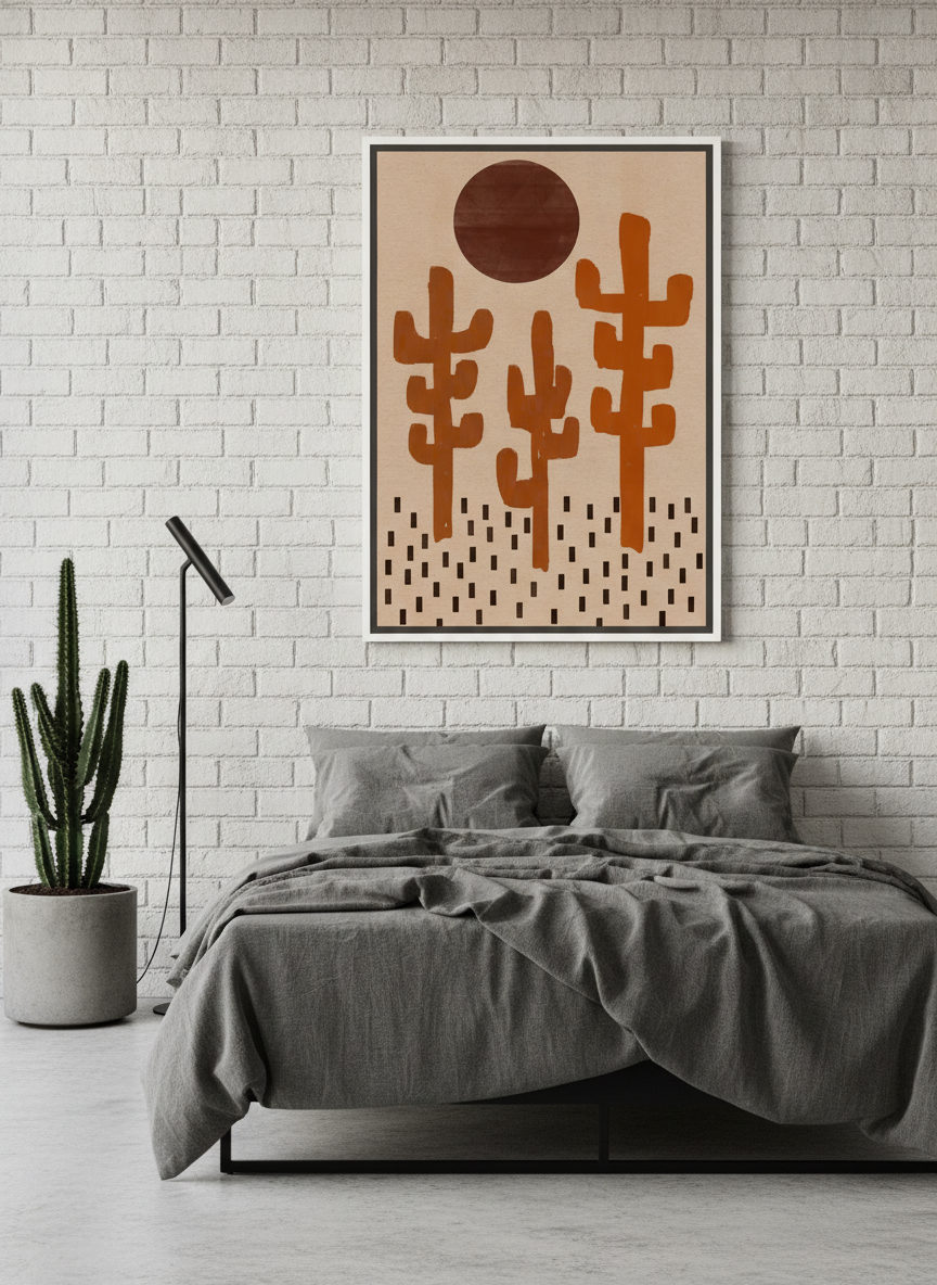 Canvas wall art with a white surround styled on the wall in an industrial loft bedroom