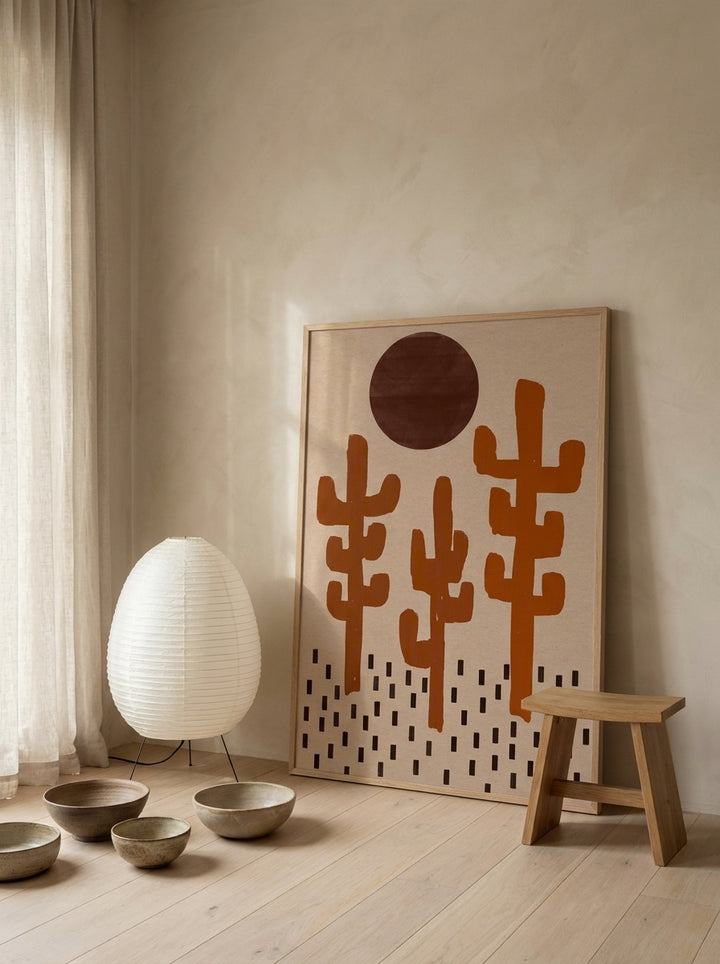 Oversized statement modern wall art print leaning against the wall in a warm Japandi dining room
