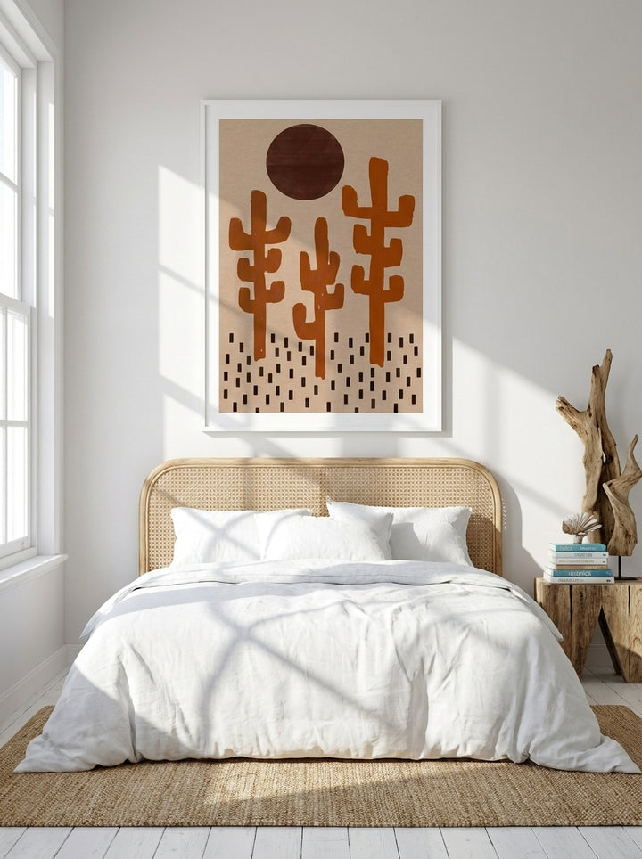 Modern wall art print styled on the wall in a coastal bedroom