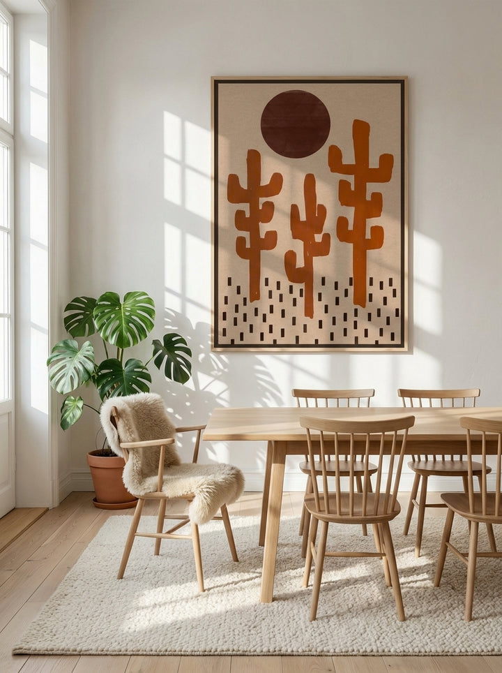 Oversized statement canvas wall art with a natural timber surround styled on the wall in a bright Scandinavian dining room
