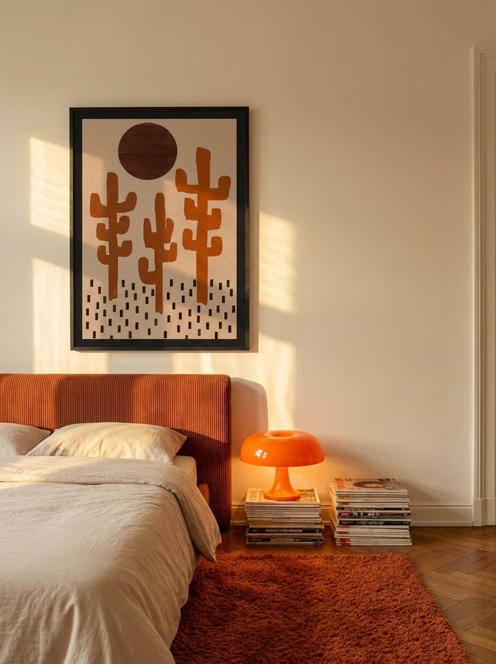 Oversized statement modern wall art print styled on the wall in a retro 70s bedroom