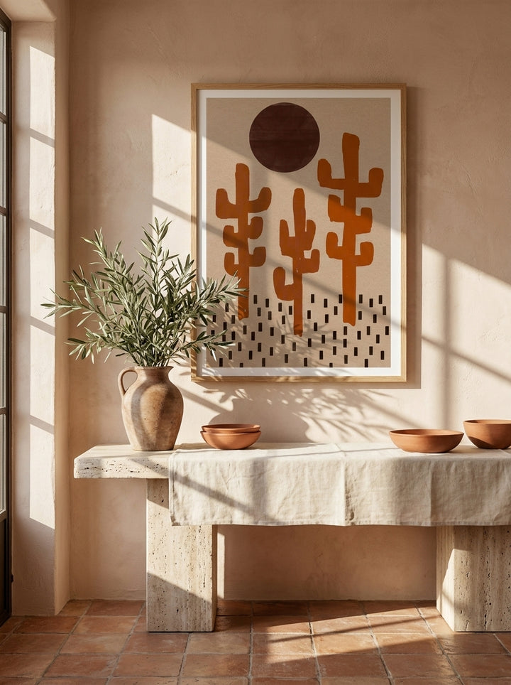 Modern wall art print styled on the wall in a Mediterranean living room