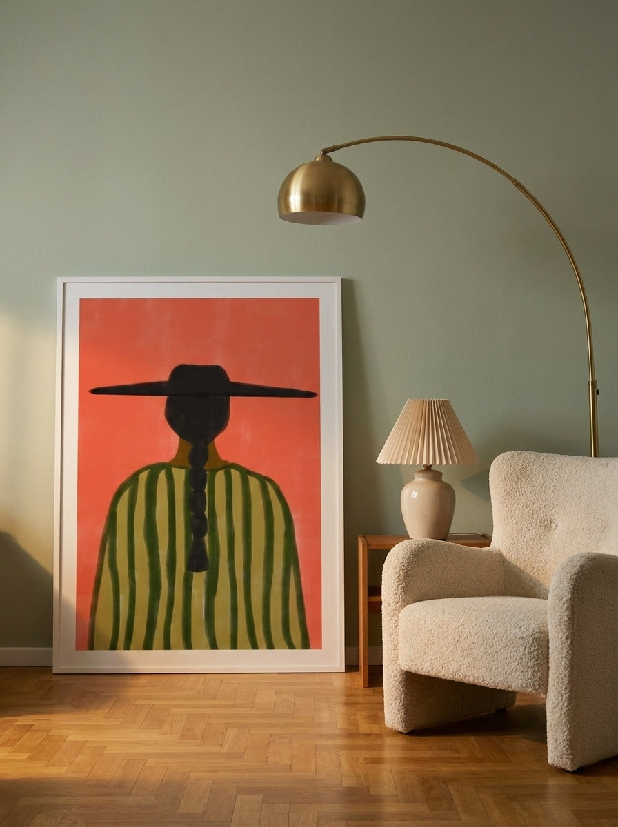 Oversized statement modern wall art print leaning against the wall in a mid-century living room