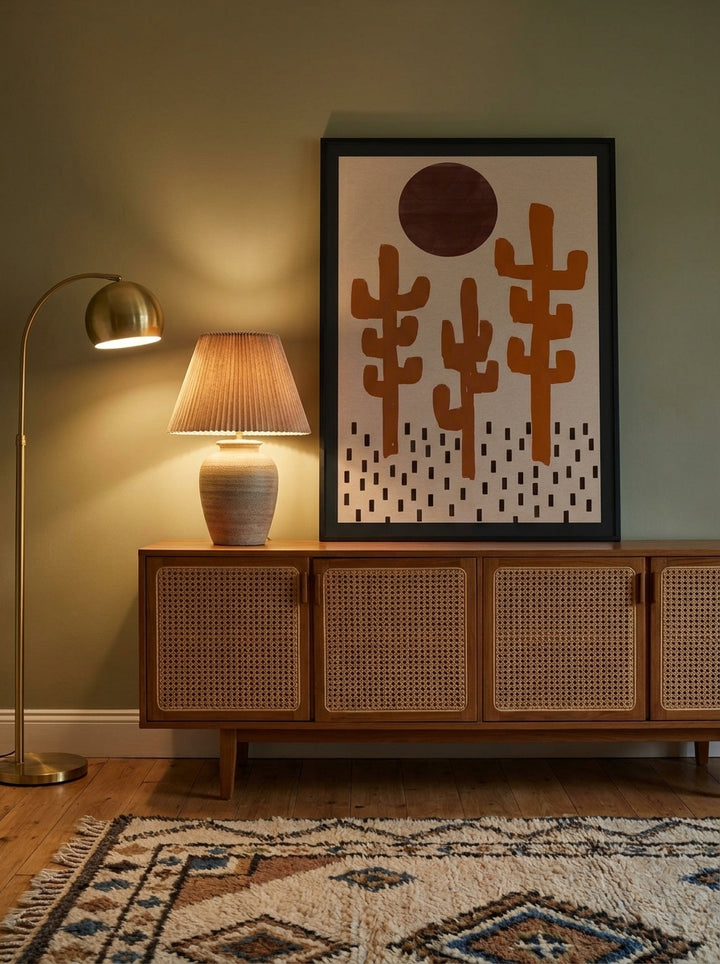 Modern wall art print standing on a sideboard in a mid-century living room