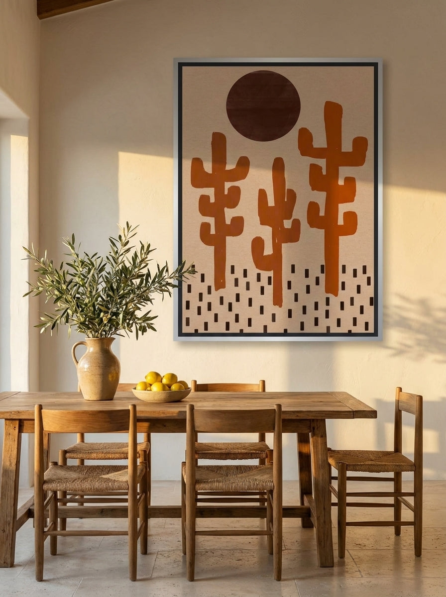 Oversized statement canvas wall art with a silver leaf surround styled on the wall in a Mediterranean dining room