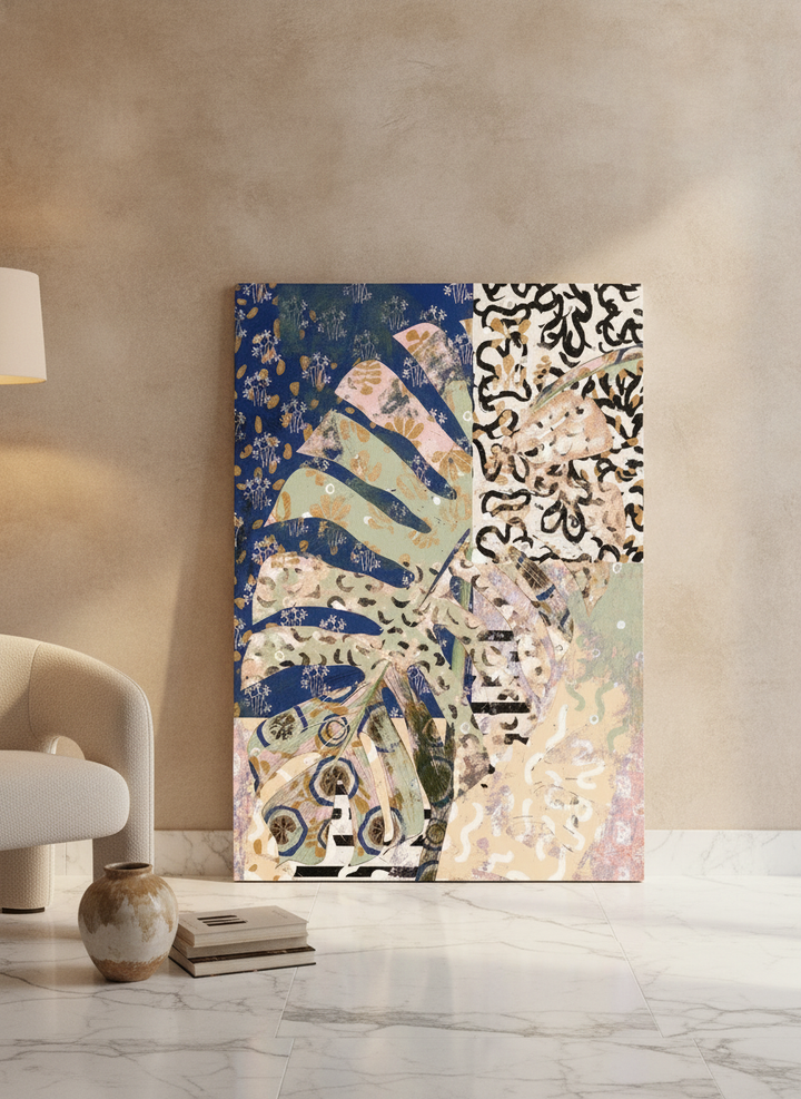 Stretched canvas wall art leaning against the wall in a luxe dining room