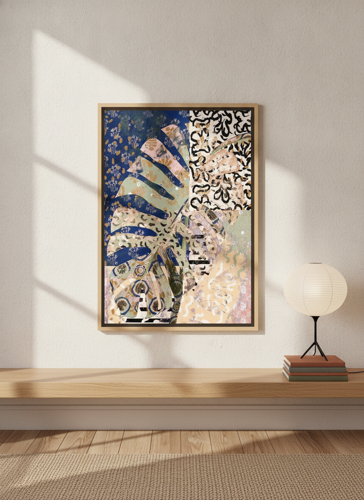 Canvas wall art with a natural timber surround standing on a shelf in a warm Japandi bedroom