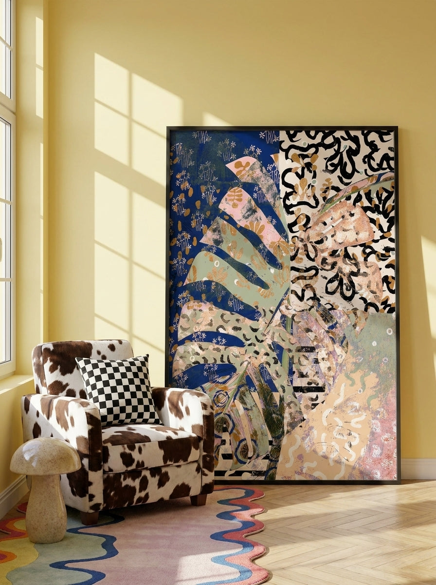 Oversized statement modern wall art print leaning against the wall in a colourful eclectic dining room