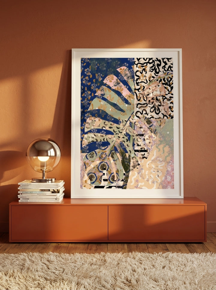 Modern wall art print standing on a sideboard in a retro 70s bedroom
