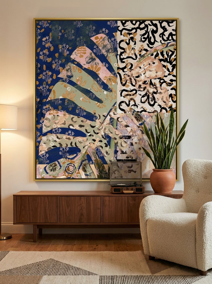 Oversized statement canvas wall art with a gold leaf surround styled on the wall in a mid-century living room