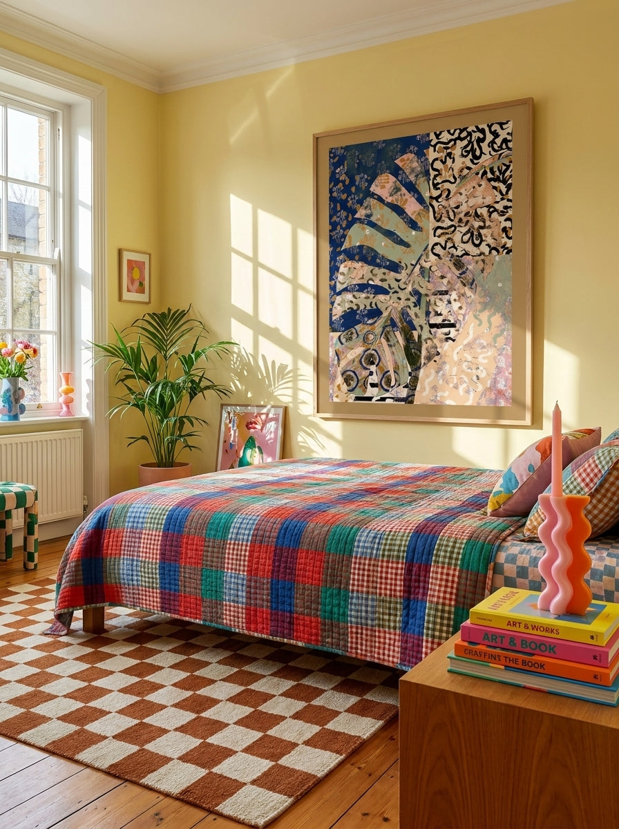Oversized statement modern wall art print styled on the wall in a colourful eclectic bedroom