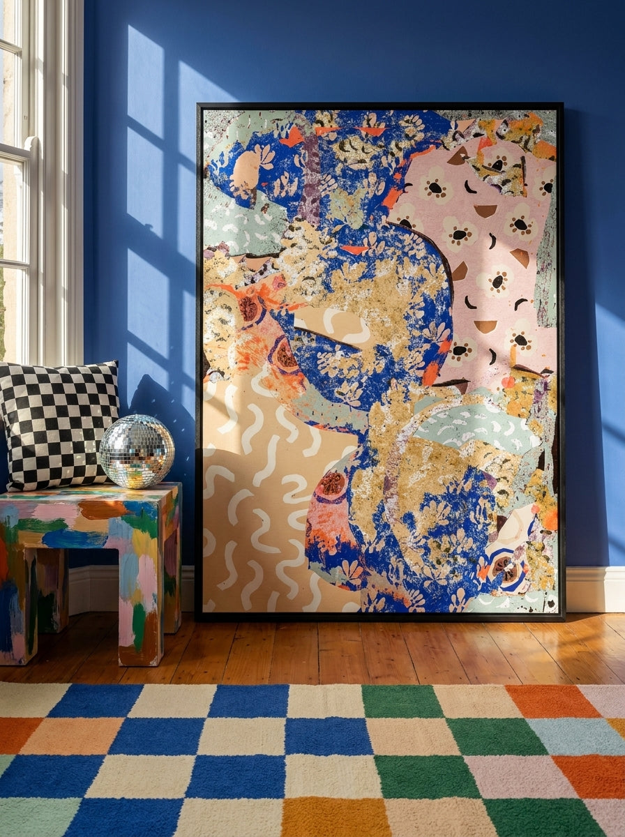 Modern wall art print standing on a side table in a colourful eclectic bedroom