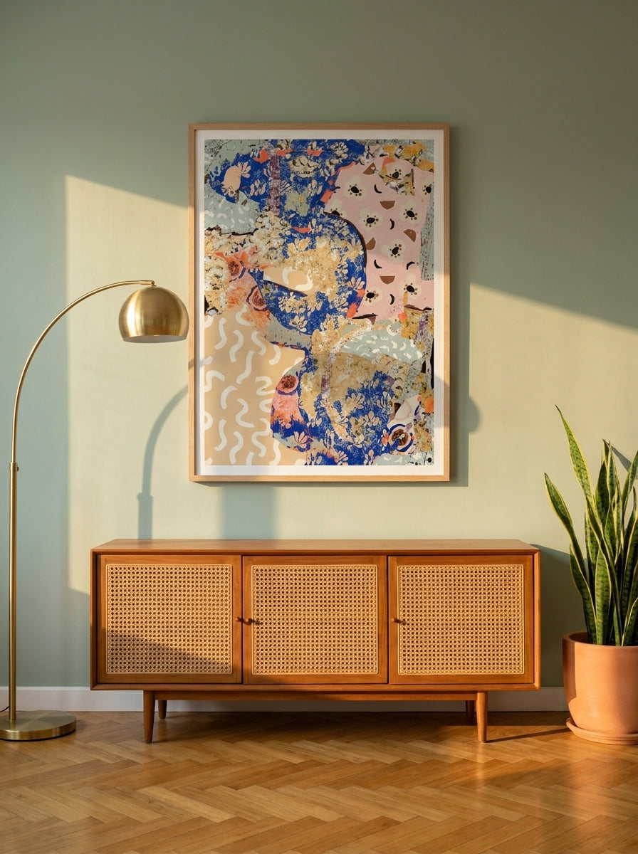 Modern wall art print styled on the wall in a mid-century living room