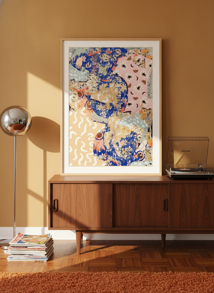 Modern wall art print standing on a sideboard in a retro 70s dining room