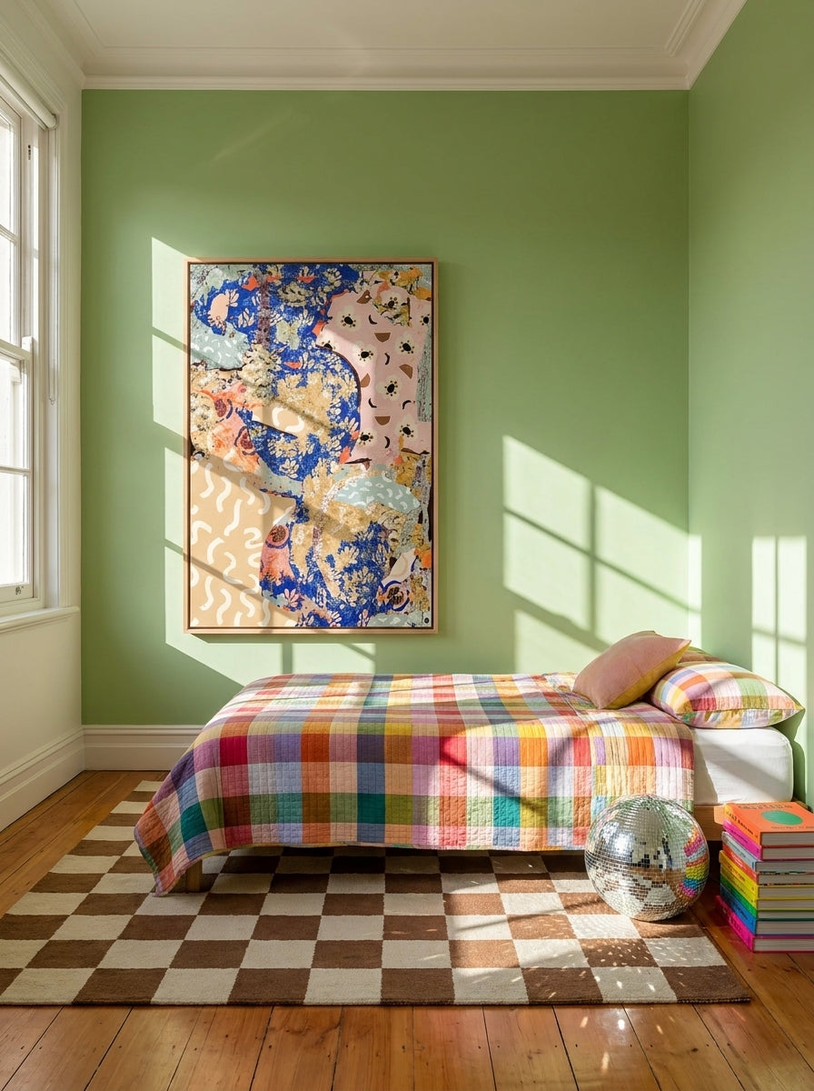 Oversized statement canvas wall art with a natural timber surround styled on the wall in a colourful eclectic bedroom