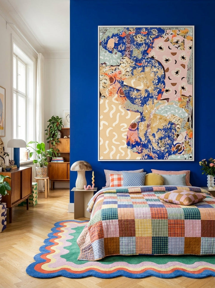 Oversized statement modern wall art print styled on the wall in a colourful eclectic bedroom