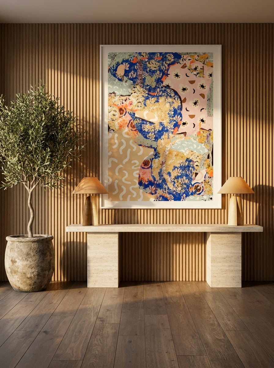 Oversized statement modern wall art print styled on the wall in a luxe living room