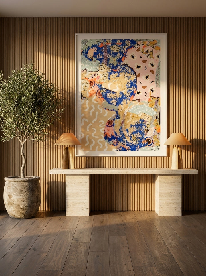 Oversized statement modern wall art print styled on the wall in a luxe living room