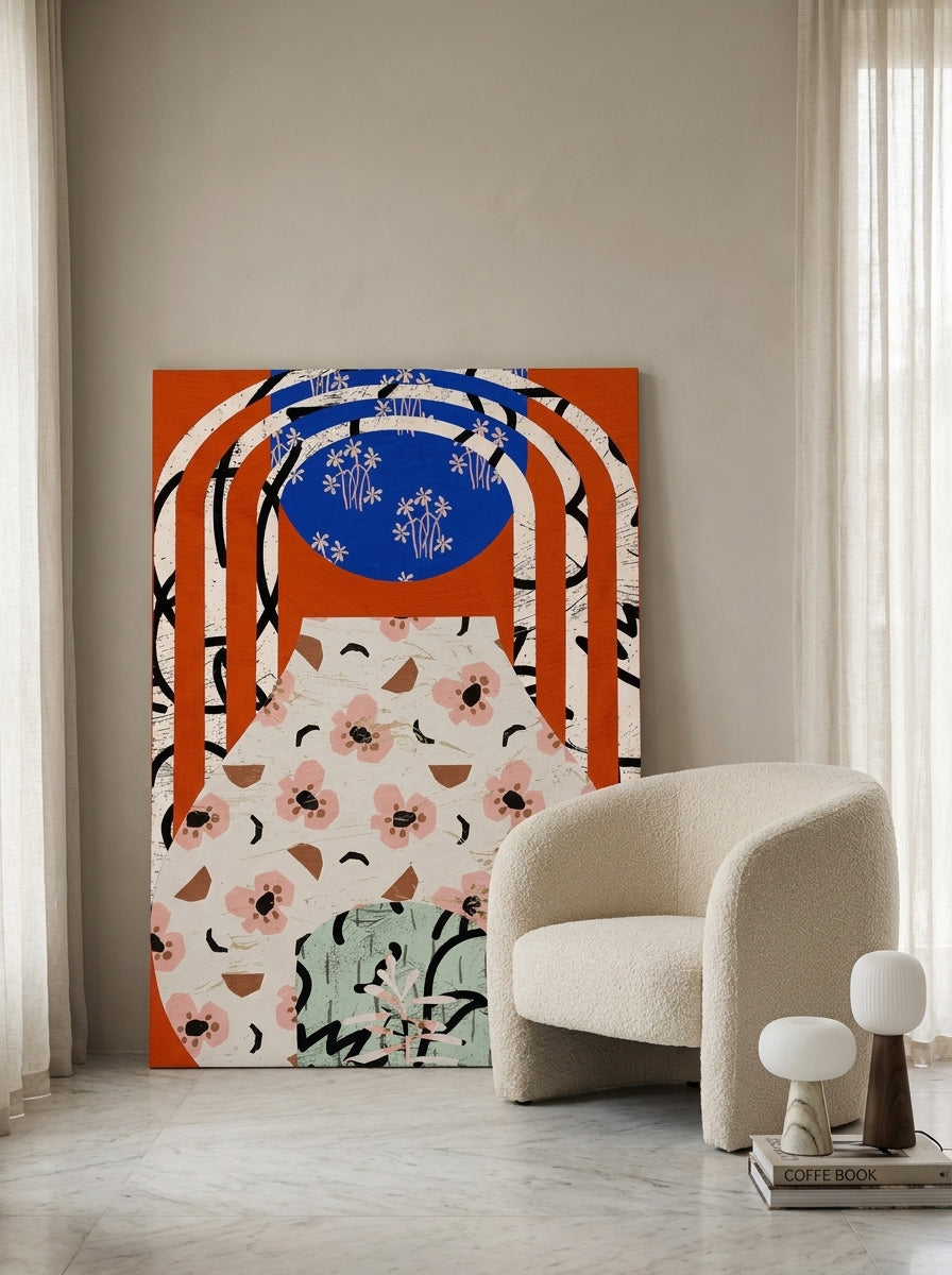Stretched canvas wall art leaning against the wall in a luxe dining room