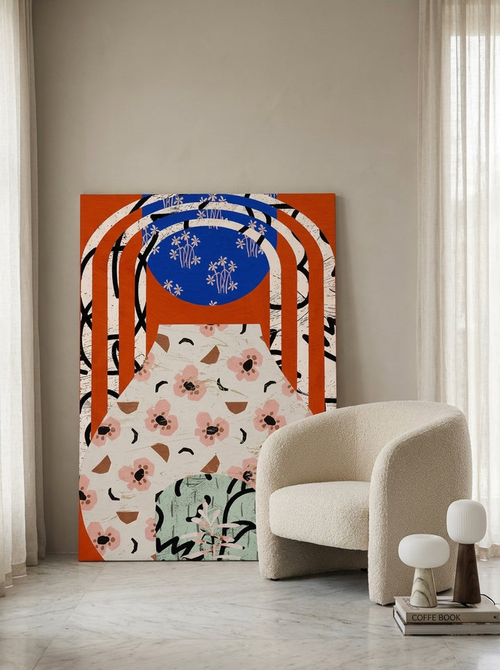 Stretched canvas wall art leaning against the wall in a luxe dining room