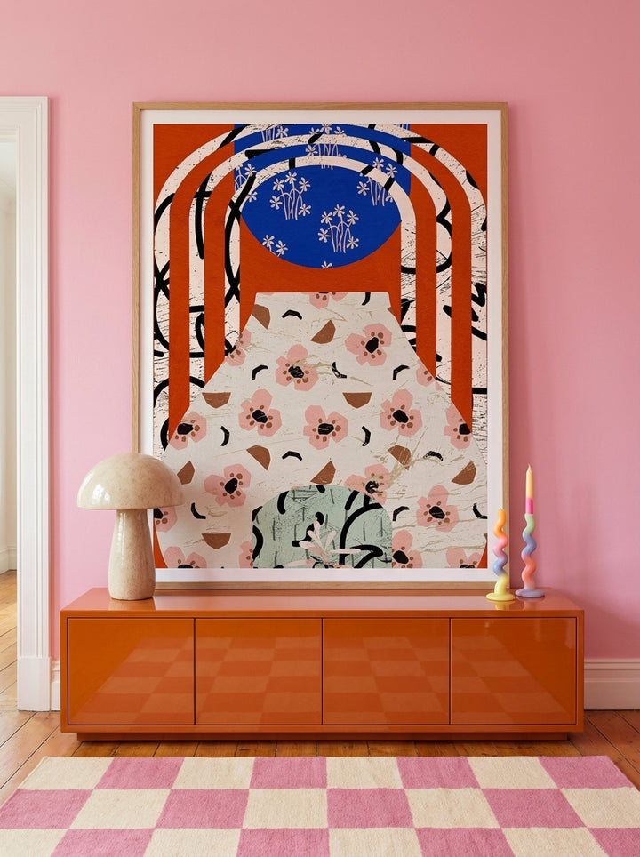 Modern wall art print styled on the wall in a colourful eclectic living room