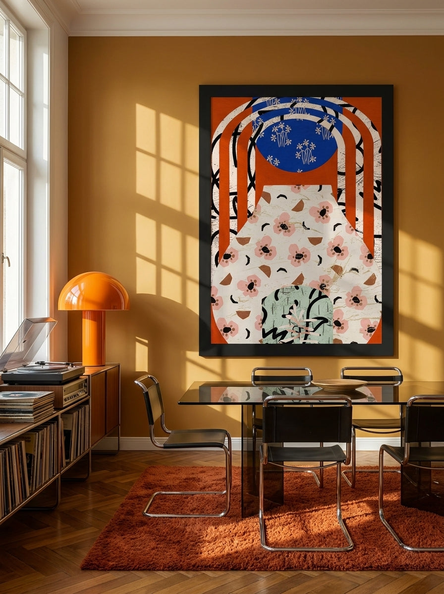 Oversized statement modern wall art print styled on the wall in a retro 70s dining room