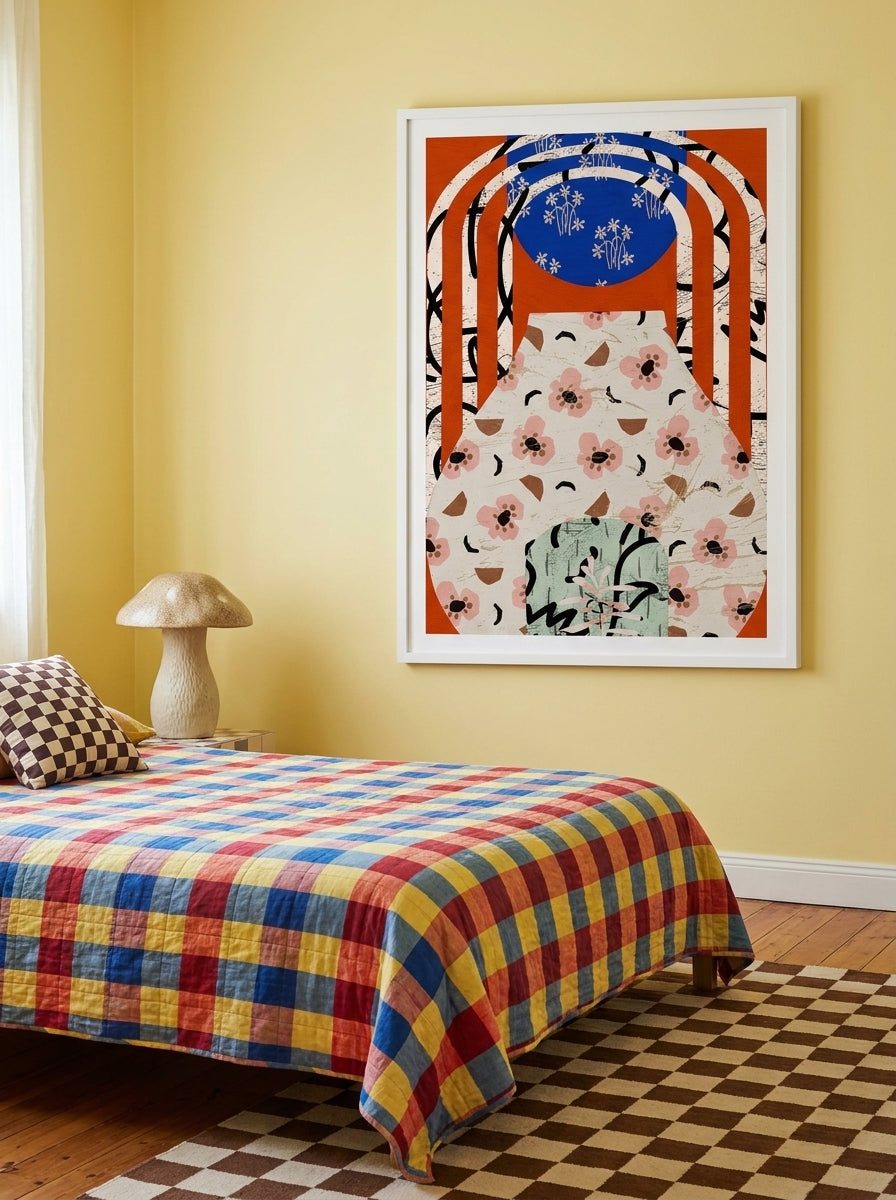 Modern wall art print styled on the wall in a colourful eclectic bedroom