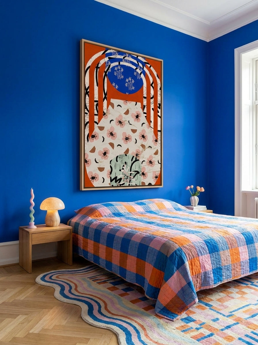Oversized statement canvas wall art with a natural timber surround styled on the wall in a colourful eclectic bedroom