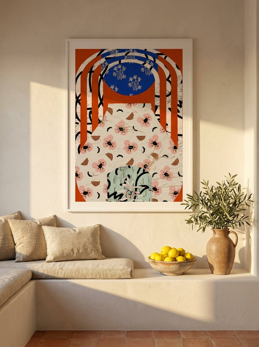 Oversized statement modern wall art print styled on the wall in a Mediterranean living room