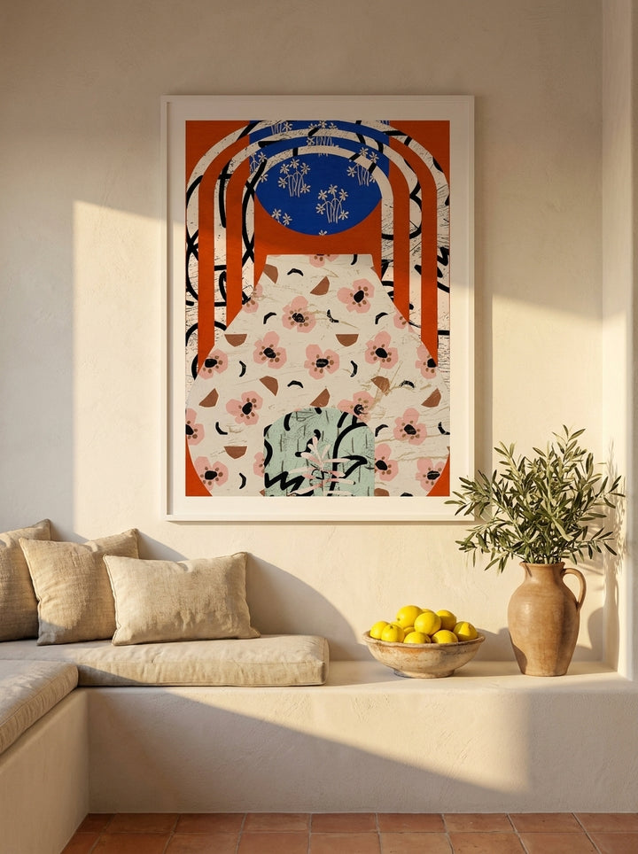 Oversized statement modern wall art print styled on the wall in a Mediterranean living room