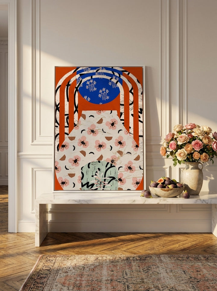 Canvas wall art with a white surround standing on a kitchen bench in a Parisian kitchen