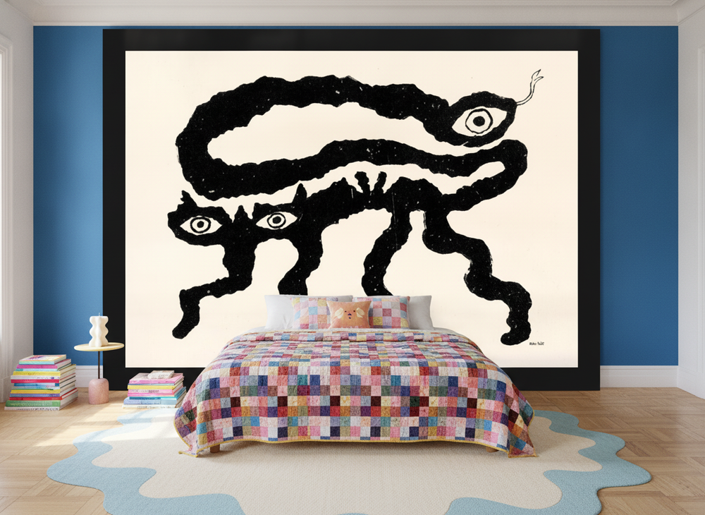 Oversized statement modern wall art print styled on the wall in a colourful eclectic bedroom