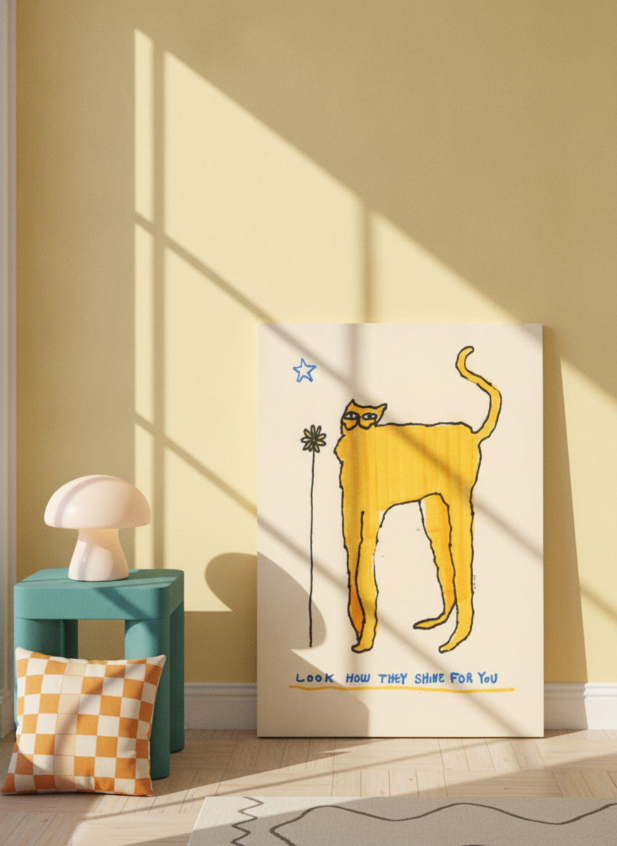 Stretched canvas wall art leaning against the wall in a colourful eclectic nursery