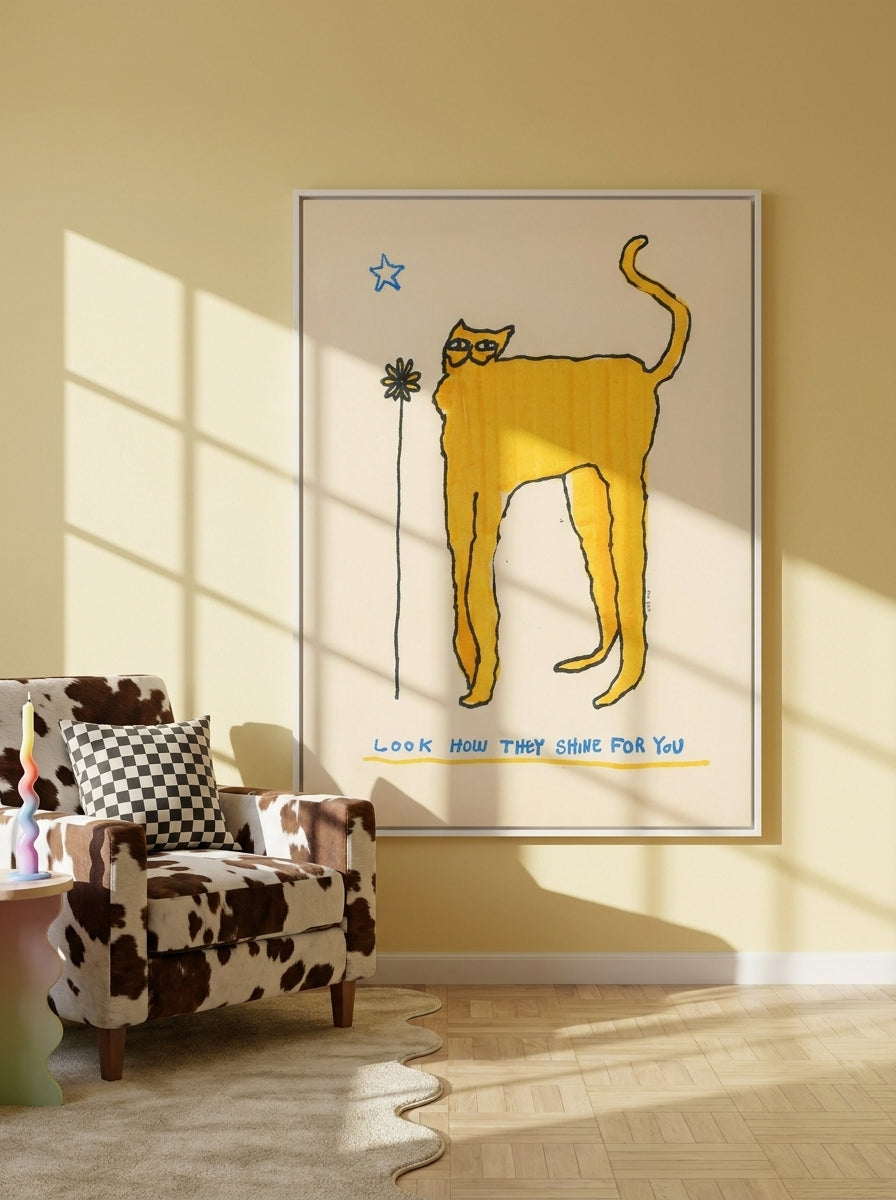Canvas wall art with a white surround leaning against the wall in a colourful eclectic dining room