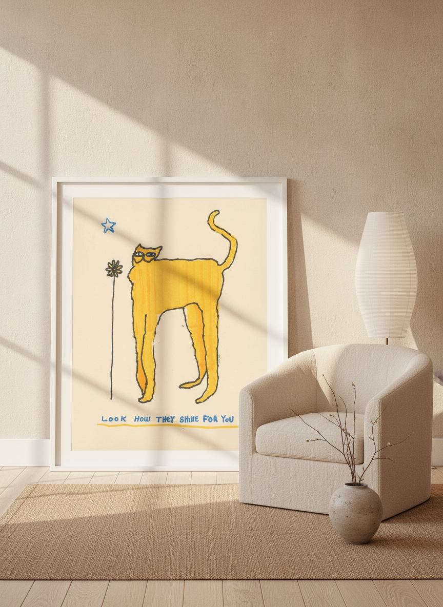 Oversized statement modern wall art print leaning against the wall in a warm Japandi living room