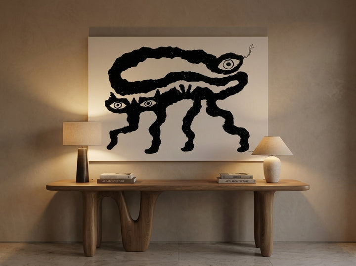 Stretched canvas wall art styled on the wall in a luxe home office