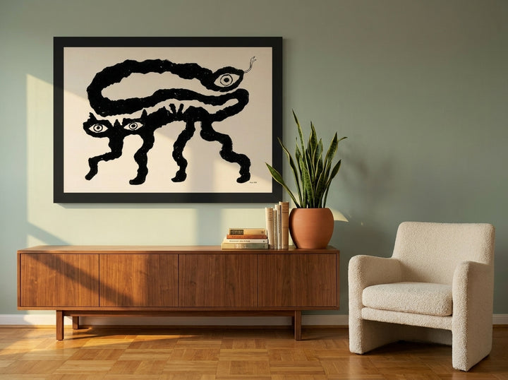 Oversized statement modern wall art print styled on the wall in a mid-century living room