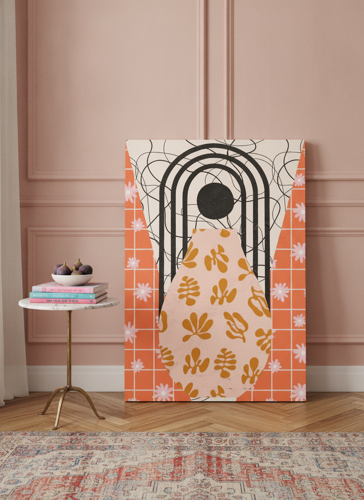 Stretched canvas wall art leaning against the wall in a Parisian living room