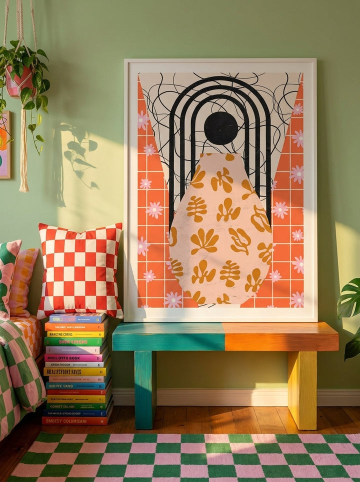 Modern wall art print standing on a side table in a colourful eclectic bedroom