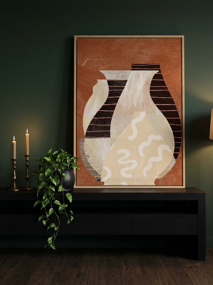 Canvas wall art with a natural timber surround standing on a console in a moody bedroom