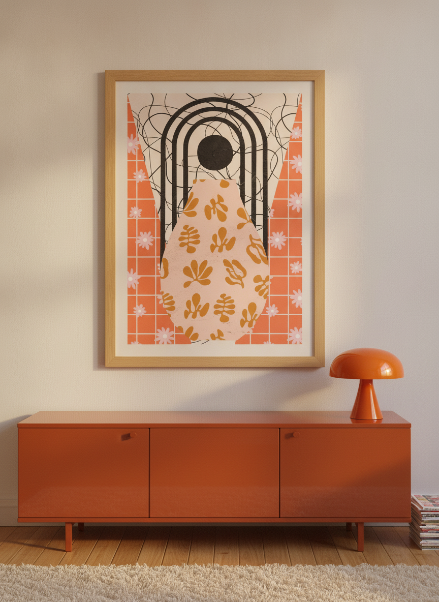 Modern wall art print styled on the wall in a retro 70s living room