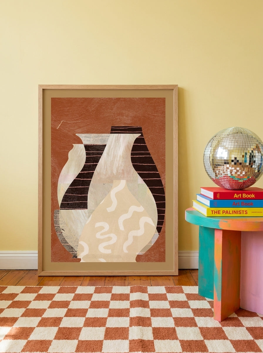 Modern wall art print standing on a side table in a colourful eclectic bedroom