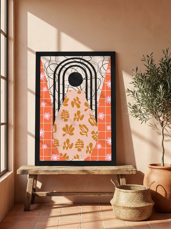 Modern wall art print standing on a bench in a Mediterranean bedroom