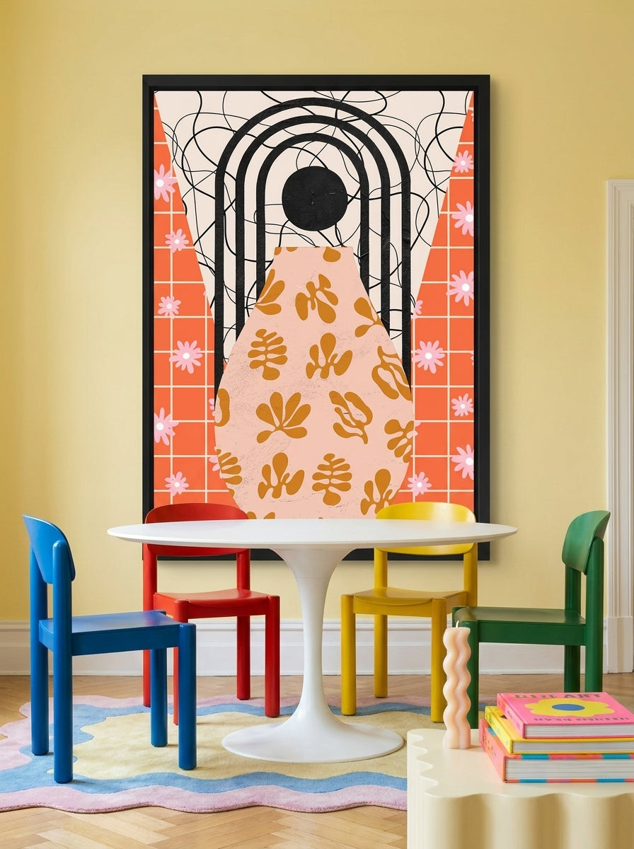 Oversized statement modern wall art print styled on the wall in a colourful eclectic dining room