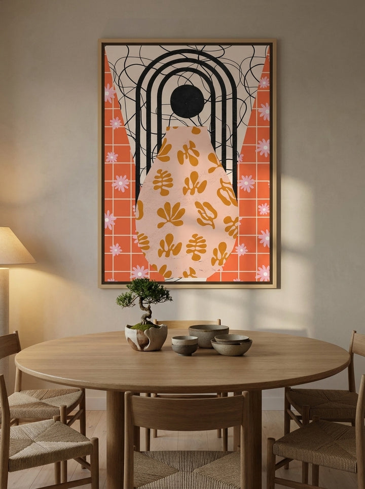 Oversized statement canvas wall art with a natural timber surround styled on the wall in a warm Japandi dining room
