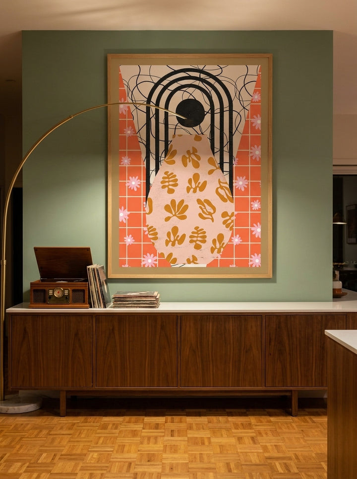 Oversized statement modern wall art print styled on the wall in a mid-century kitchen