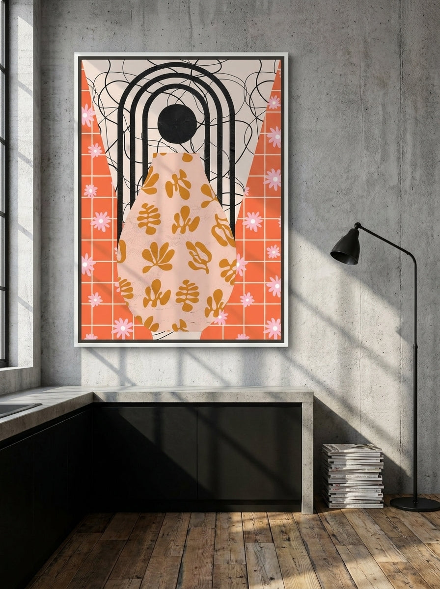 Oversized statement canvas wall art with a white surround styled on the wall in an industrial loft kitchen