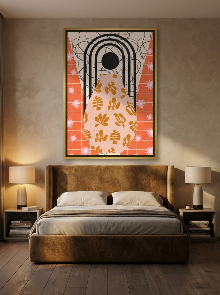 Canvas wall art with a gold leaf surround styled on the wall in a luxe bedroom