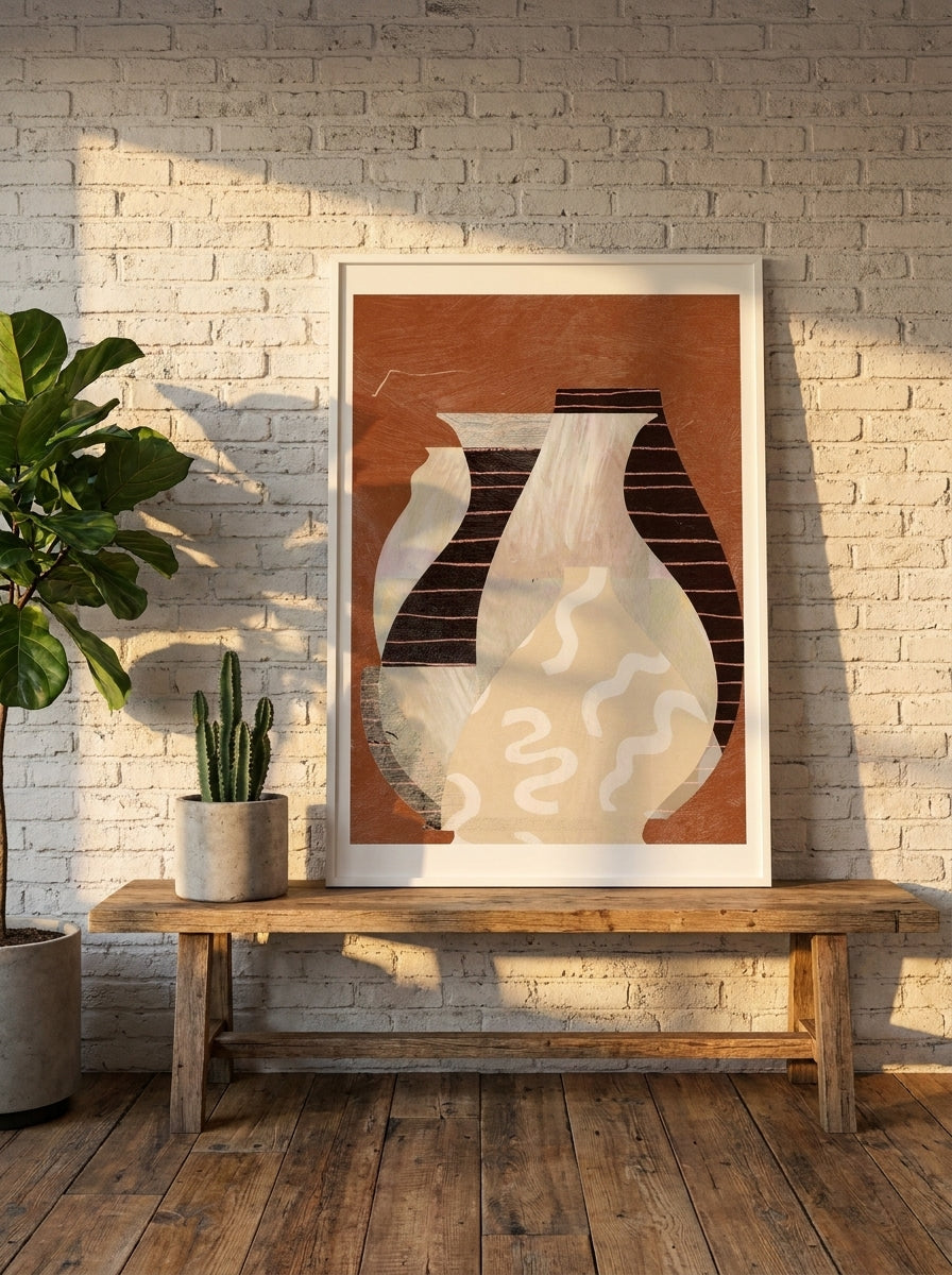 Modern wall art print standing on a bench in an industrial loft dining room