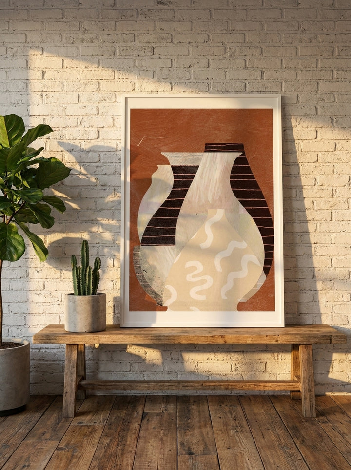 Modern wall art print standing on a bench in an industrial loft dining room